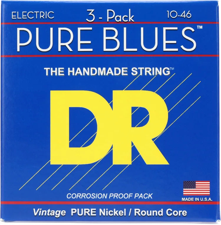 DR Strings PHR-10-3PK Pure Blues Pure Nickel Electric Guitar Strings - .010-.046 Medium, 3-pack