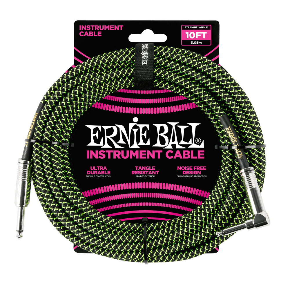Ernie Ball P06077 Braided Instrument Cable Straight/Angle - 10ft Black/Green