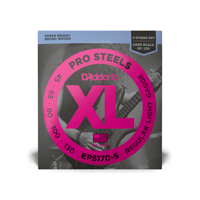 D'Addario EPS170-5 45-130 Regular Light 5-String, Long Scale, XL ProSteels Bass Strings