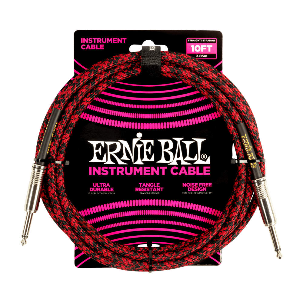 Ernie Ball P06394 Braided Straight to Straight Instrument Cable - 10ft Red/Black