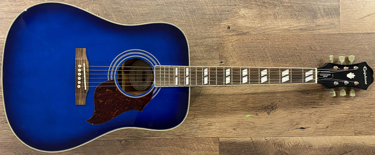 USED 2014 Epiphone Limited Edition Hummingbird Artist Flamed-top Gloss Blueburst Finish Dreadnought Acoustic Guitar
