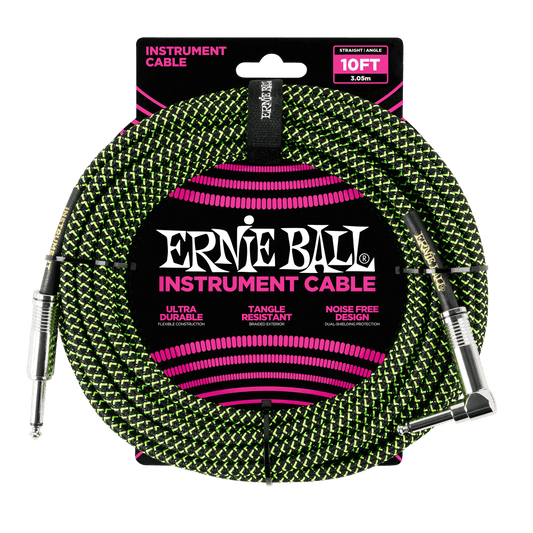 Ernie Ball P06077 Braided Instrument Cable Straight/Angle - 10ft Black/Green
