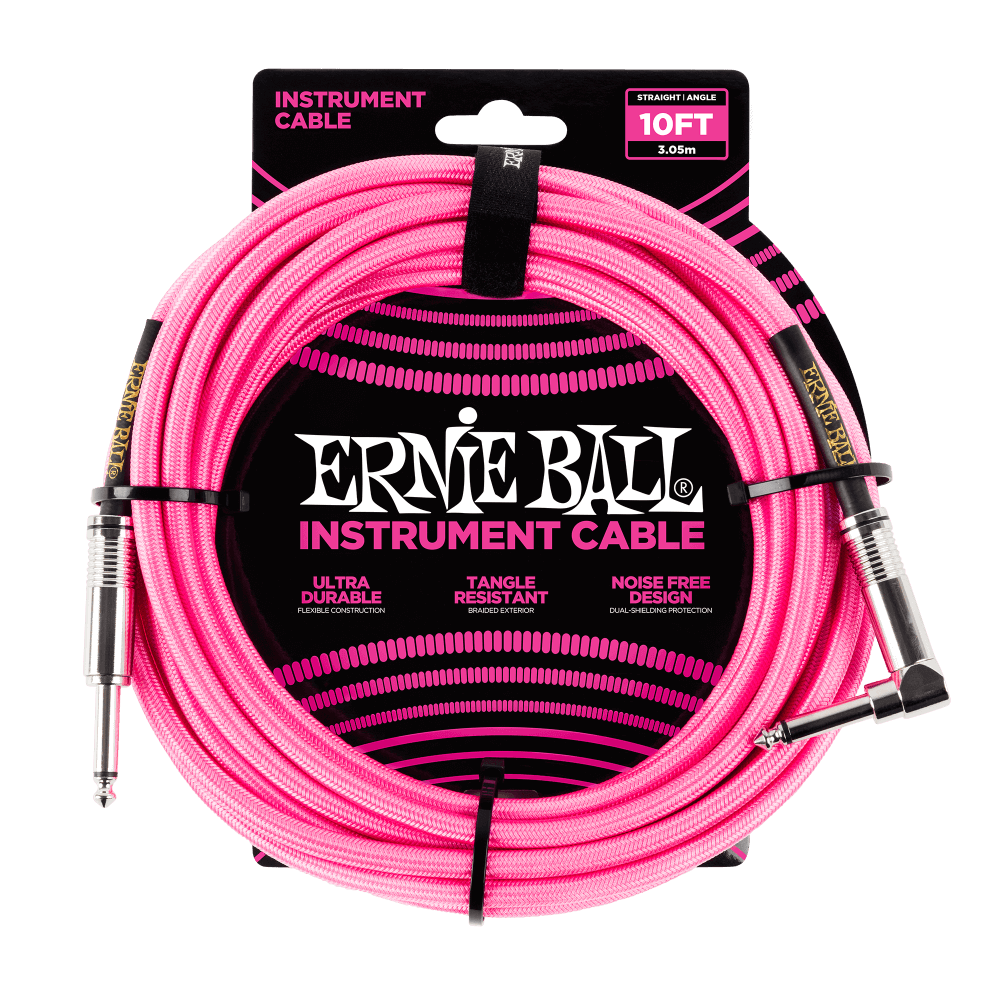 Ernie Ball P06078 Braided Instrument Cable Straight/Angle - 10ft Neon Pink