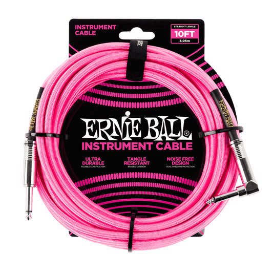 Ernie Ball P06078 Braided Instrument Cable Straight/Angle - 10ft Neon Pink