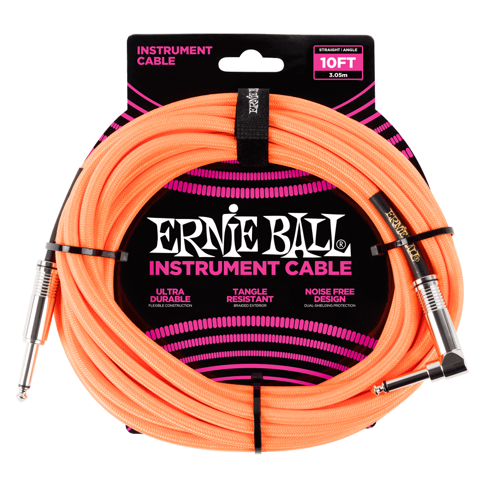 Ernie Ball P06079 Braided Instrument Cable Straight/Angle - 10ft Neon Orange