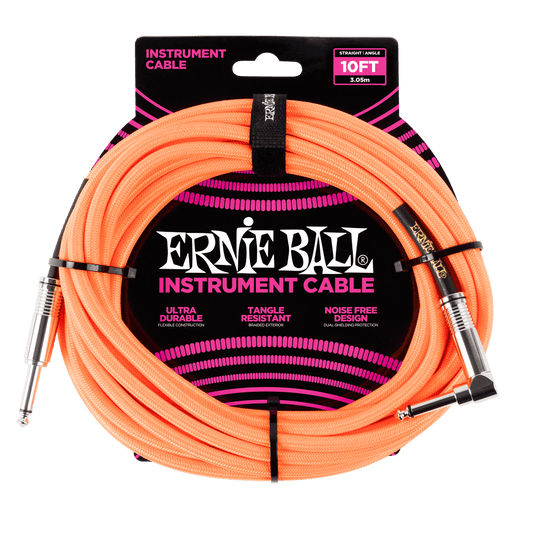 Ernie Ball P06079 Braided Instrument Cable Straight/Angle - 10ft Neon Orange
