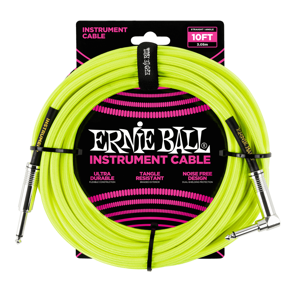 Ernie Ball P06080 Braided Instrument Cable Straight/Angle - 10ft Neon Yellow