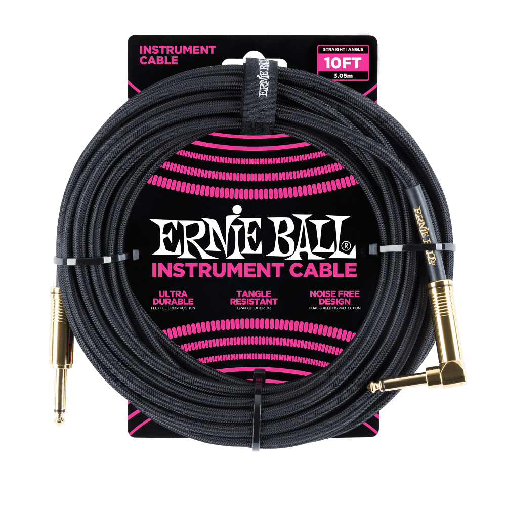 Ernie Ball P06081 Braided Instrument Cable Straight/Angle - 10ft Black w/Gold Connectors