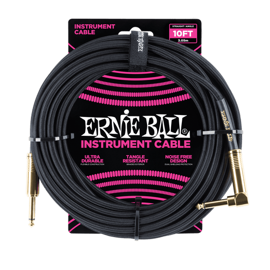 Ernie Ball P06081 Braided Instrument Cable Straight/Angle - 10ft Black w/Gold Connectors