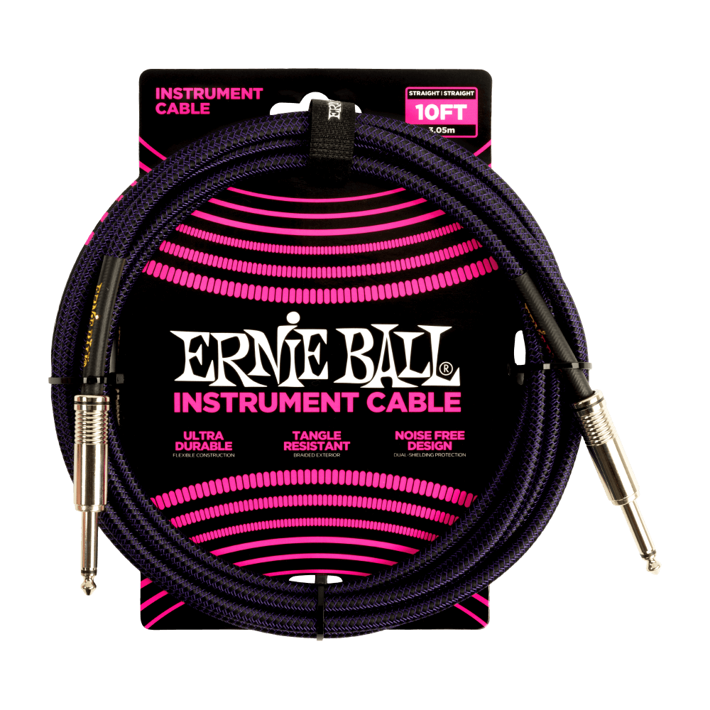 Ernie Ball P06393 Braided Instrument Cable Straight/Straight - 10ft Purple/Black