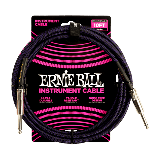Ernie Ball P06393 Braided Instrument Cable Straight/Straight - 10ft Purple/Black