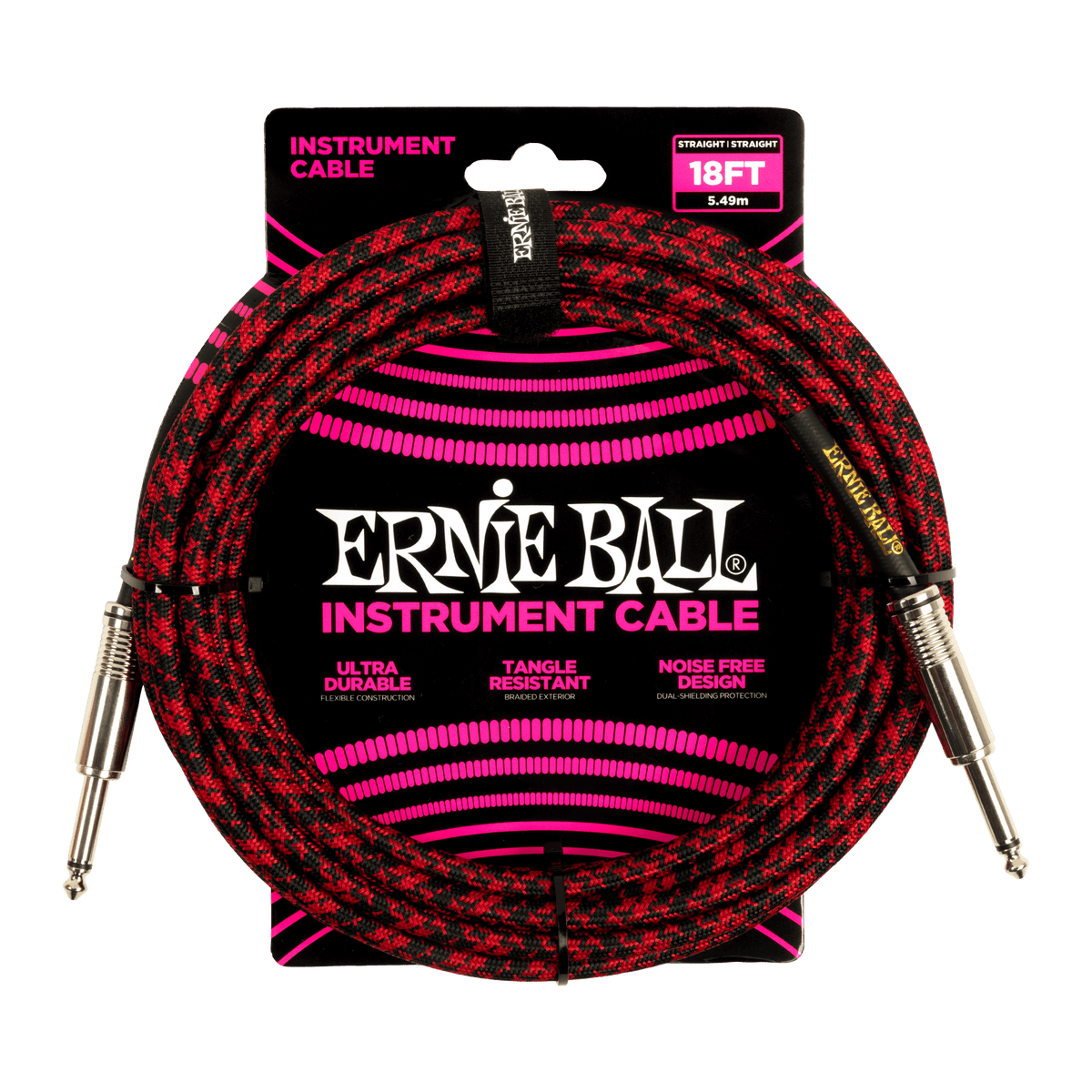 Ernie Ball P06396 Braided Instrument Cable Straight/Straight - 18ft Red/Black