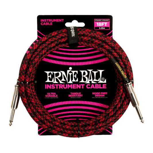 Ernie Ball P06396 Braided Instrument Cable Straight/Straight - 18ft Red/Black