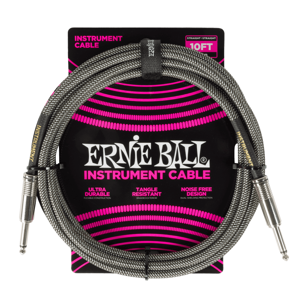 Ernie Ball P06429 Braided Instrument Cable Straight/Straight - 10ft Silver Fox