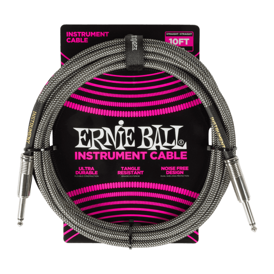 Ernie Ball P06429 Braided Instrument Cable Straight/Straight - 10ft Silver Fox