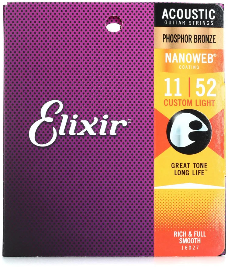 Elixir 16027 Phosphor Bronze Nanoweb Coated Acoustic Guitar Strings Custom Light 11-52