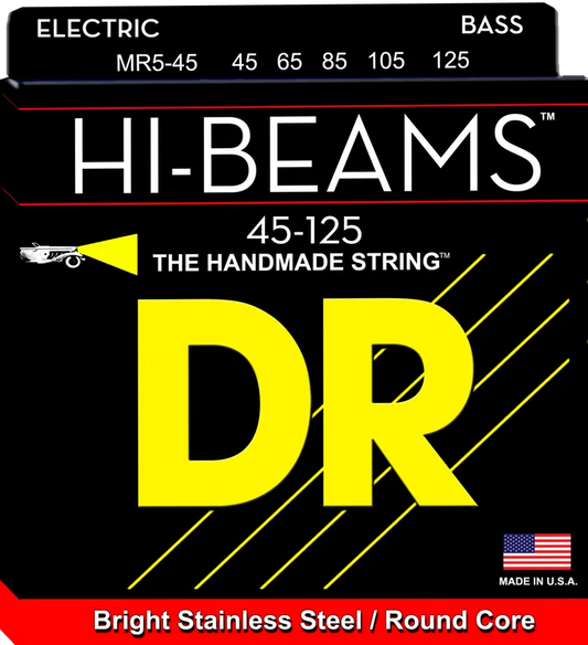 DR Strings MR5-45 Hi-Beam Stainless Steel Bass Guitar Strings - .045-.125 Medium, 5-String