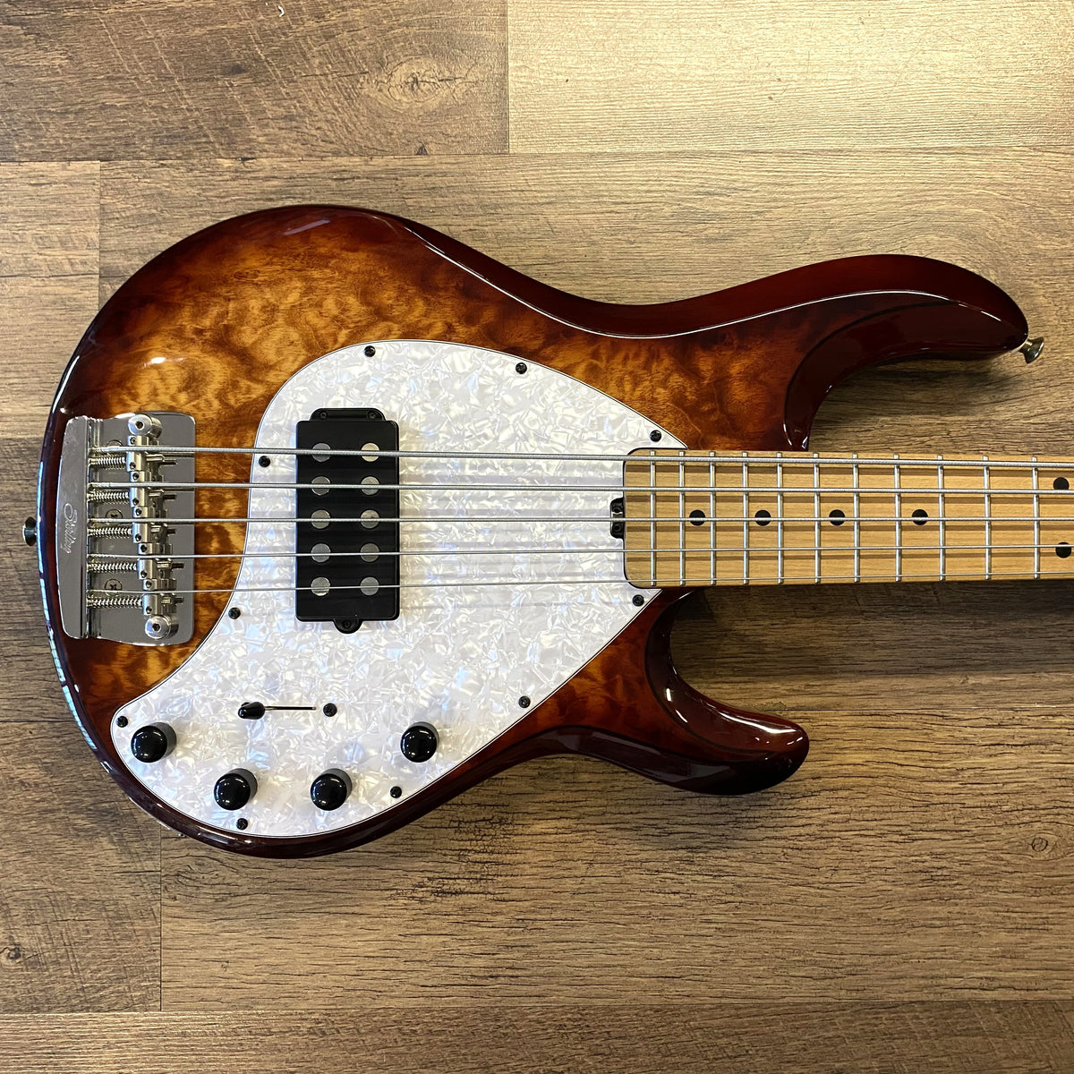 USED Ernie Ball Sterling By Music Man StingRay5 Ray35 Gloss Honeyburst Finish Quilt Maple Top Active Electric Bass Guitar