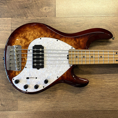 USED Ernie Ball Sterling By Music Man StingRay5 Ray35 Gloss Honeyburst Finish Quilt Maple Top Active Electric Bass Guitar