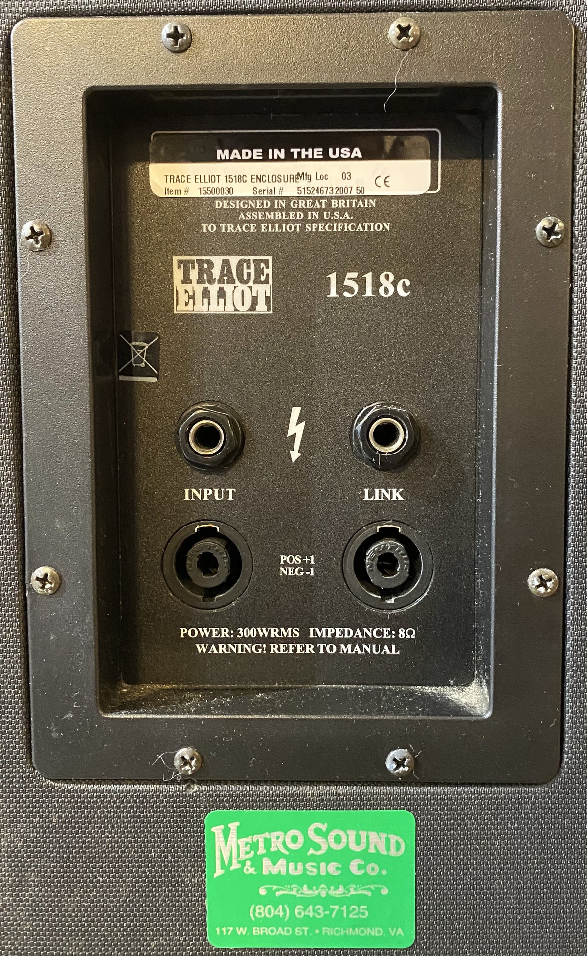 Trace Elliot 1518C 300-Watt 1 x 15" Bass Guitar Amplifier Extension Cabinet
