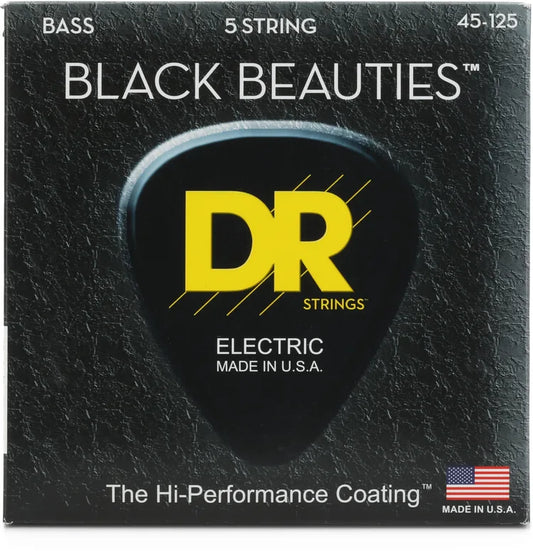 DR Strings BKB5-45 Black Beauties Coated Steel Bass Guitar Strings - Medium 45-125 5-string
