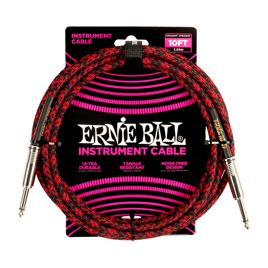 Ernie Ball P06394 Braided Straight to Straight Instrument Cable - 10ft Red/Black